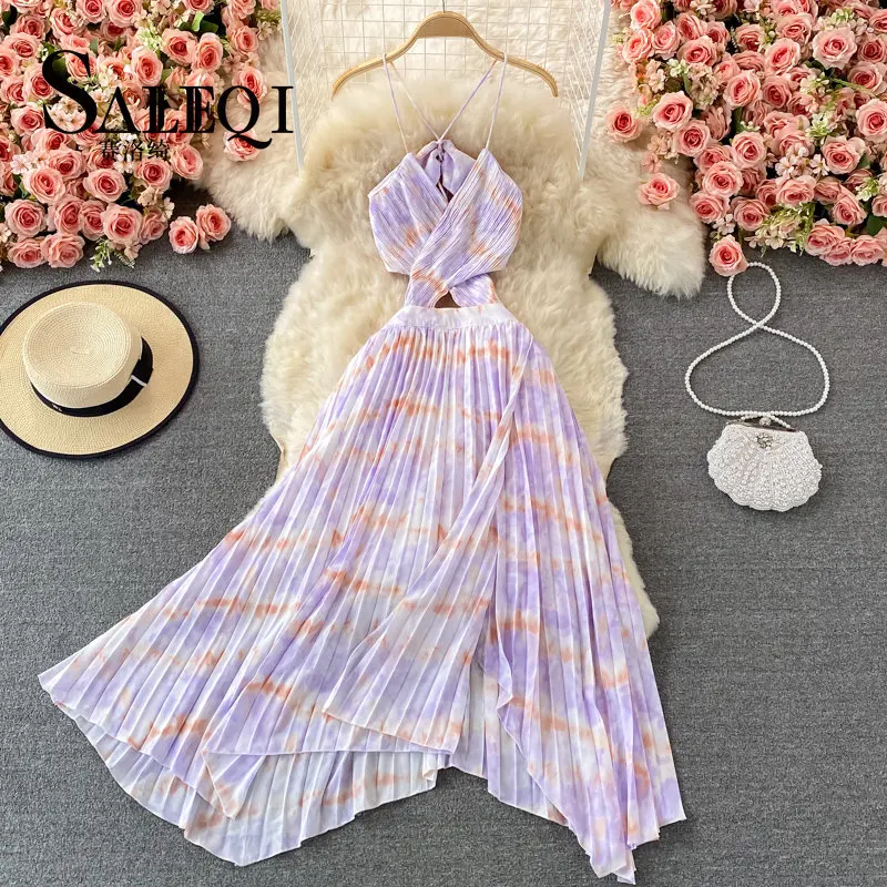 

Hollow Sexy Backless Tie Dye High Waist Slip Dress Fairy Casual A-line Dress Summer Beach Vacation Vestidos Women Party Sundress