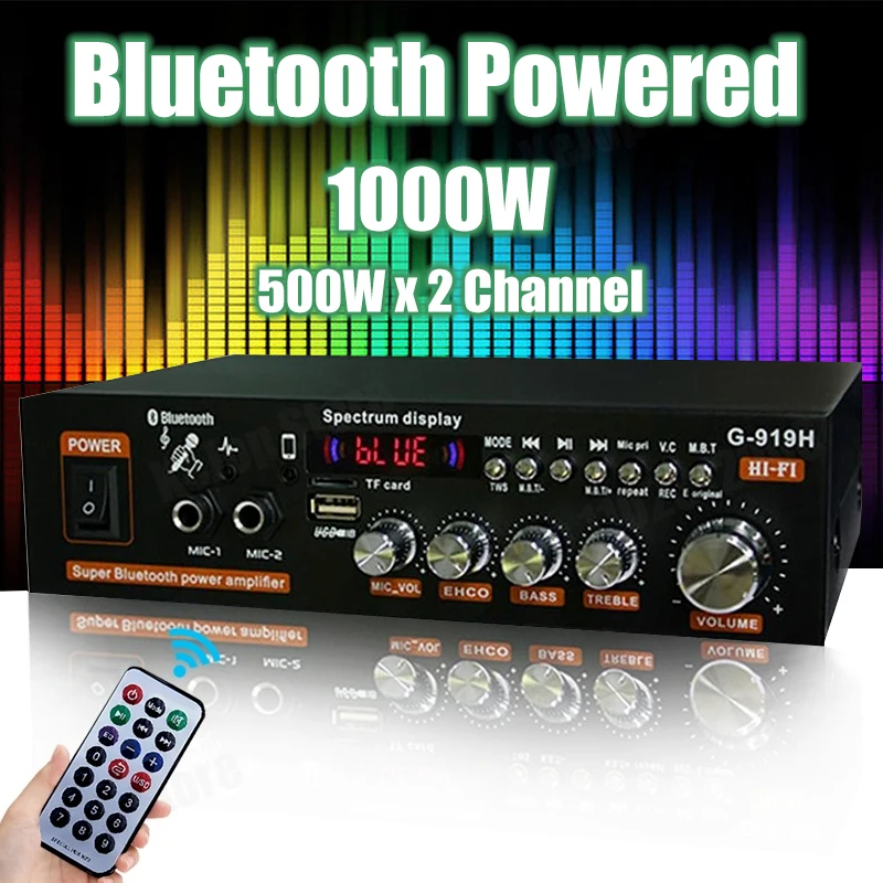 

AK35/G919H 1000W Home Car Power Amplifiers 2 Channel Bluetooth FM Surround Sound USB Remote Control Mini HIFI Digital Stereo Amp