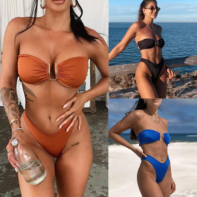 Solid Swimsuit Women Bathing Suit Bandeau Bikini 2022 Biquinis Feminino Swimwear High Waist Bikini Set Beachwear Sexy Bikinis