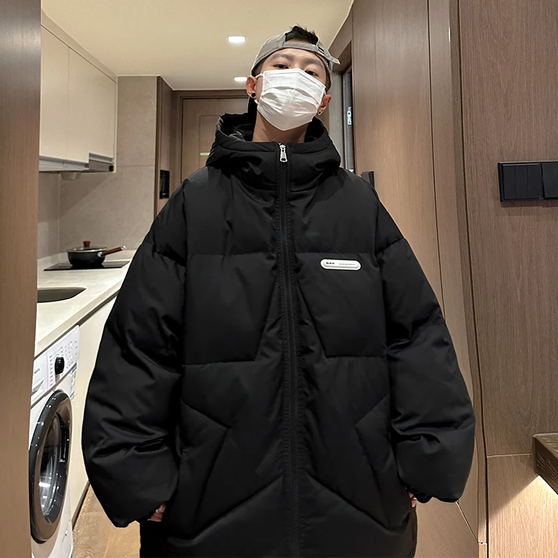 Mens Winter Hooded Coat Thicken Fashion Loose Oversize Parkas Korean Harajuku Style Male Hip Hop Streetwear Coat Warm Jackets