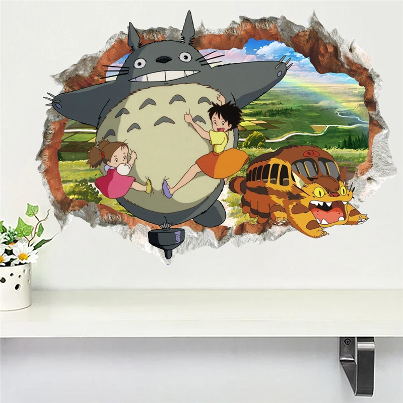 

T201# 3d Broken Hole Totoro Wall Stickers For Kids Room Decoration Cartoon Animals Mural Art Diy Home Decals Anime