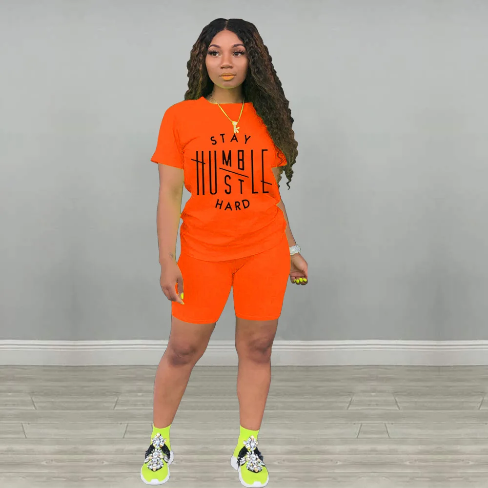 

2 Piece Sets Womens Outfits Summer Casual Letter Print Pullover Short Sleeve T-Shirt And Elastic Waist Short Suits