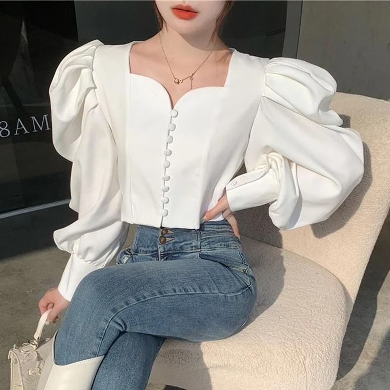 

Женская блузка с квадратным вырезом, элегантная и тонкая свободная короткая плиссированная рубашка с короткими рукавами-фонариками в Корейском стиле