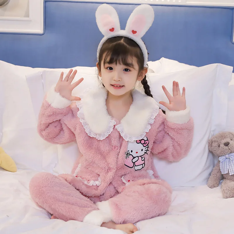 

Sanrio Hello Kitty Winter Kids Thick Flannel Fleece Pajamas Suit Children Thermal Underwear Girls Hooded Nightgown Soft Clothing