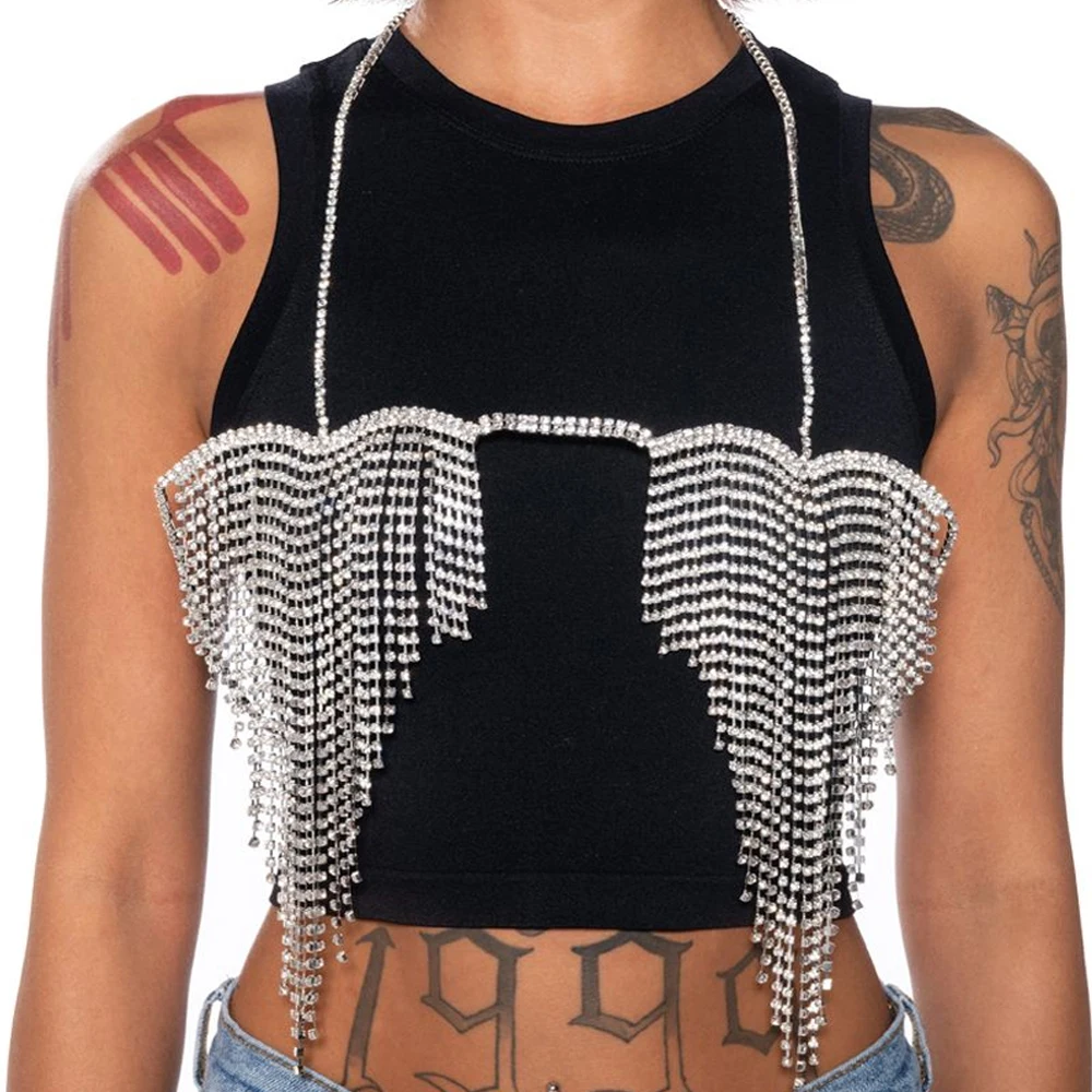 

Stonefans Fashion Heart Tassel Bra Chain Rave Chest Accessories for Women Festivel Sexy Rhinestone Lingerie Jewelry Dress Outfit