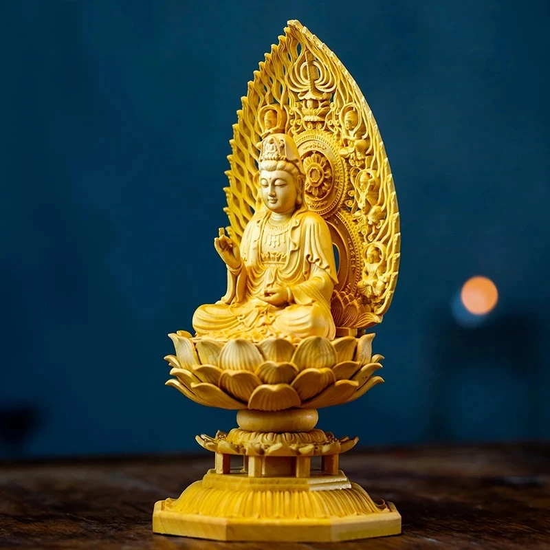 Самшит 18 см Скульптура Гуаньинь Резьба из цельного дерева Маленькая статуя Будды