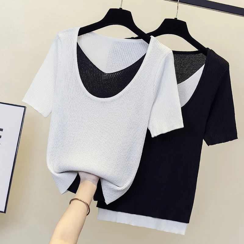 

Summer Women Sweater solid color T-shirt V-Neck Casual Short sleeve Tops Female Knitted Pullover Women Clothing 2022 New