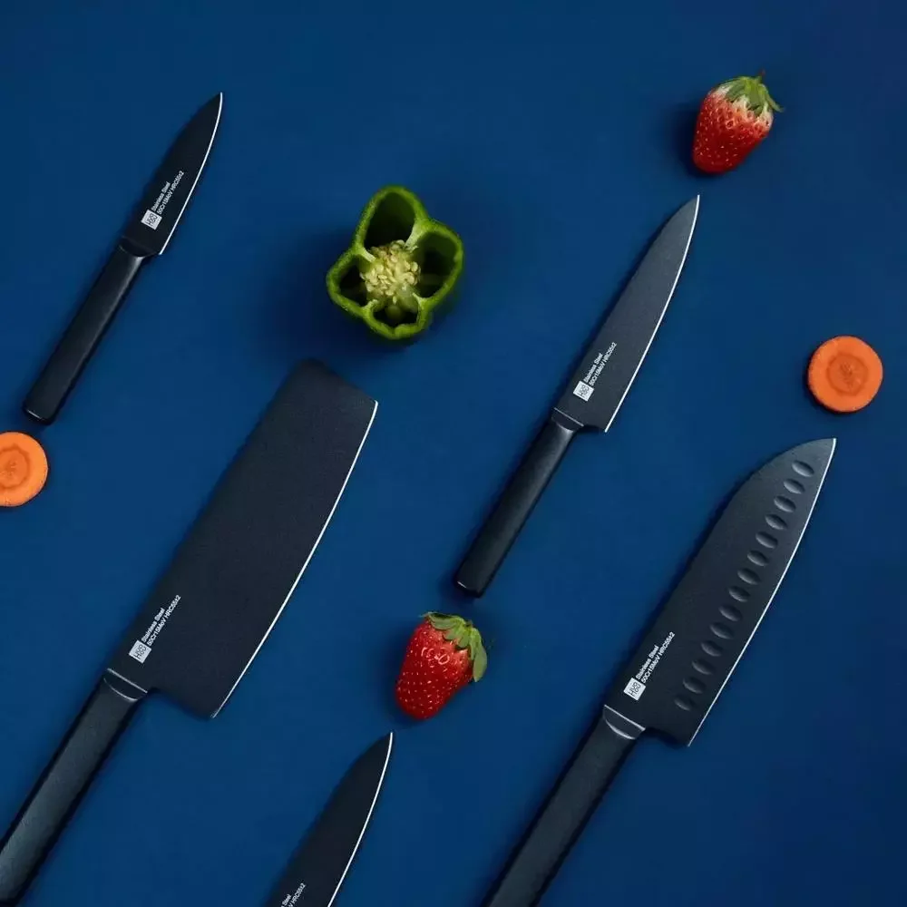 

Huohou крутой черный кухонный антипригарный нож с держателем для ножей набор поварских ножей из нержавеющей стали фрукты 307 мм инструменты для...