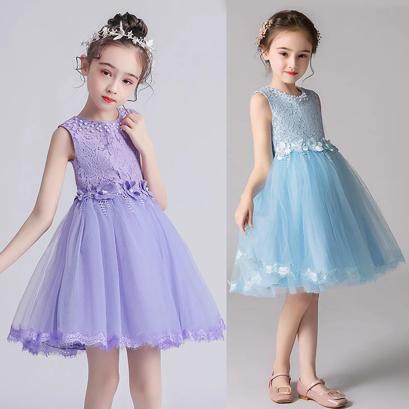 

Летнее платье для девочек, без рукавов, украшенное бусинами, аппликация, сетчатая пряжа, детская одежда для выступлений, индивидуальное выс...