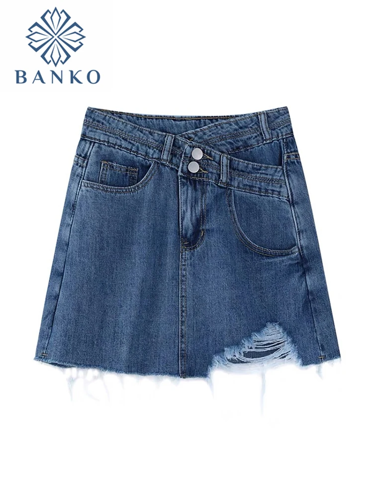 

Sexy Women Denim Mini Skirts Fashion Summer New High Waist Irregular Korean Skirt Blue Package Hip Harajuku Ripped A-line Jupe
