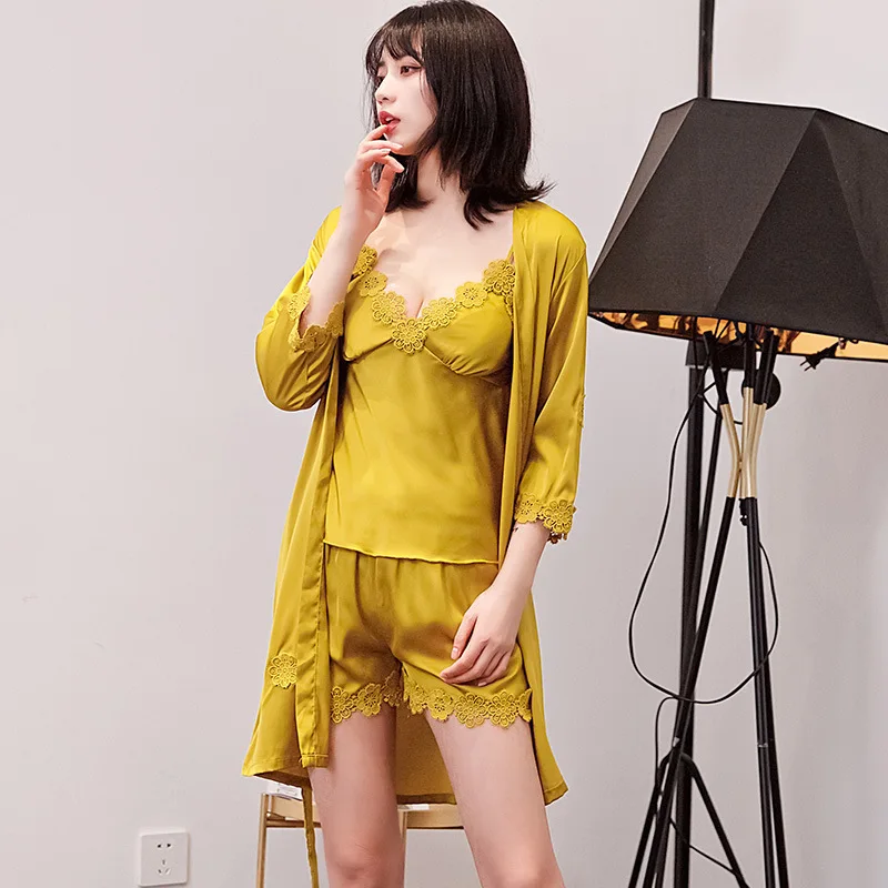 Пижамный комплект из 3 предметов халат пеньюар Женская атласная пижама пикантные