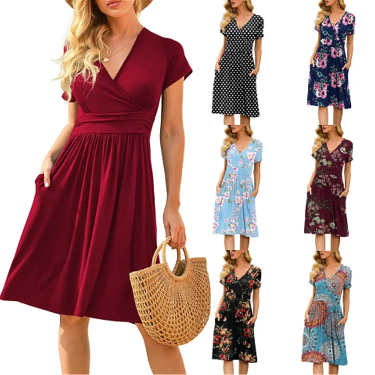 

2022 New Spring/Summer Print Short Sleeve Pocket Dress Loose Mid length Dress
