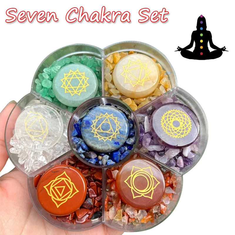 

High Quality Set of 7 Chakra Stones Meditation Symbols Stone Set Palm Natural Crystal Gemstones Fengshui Decor Reiki Healing