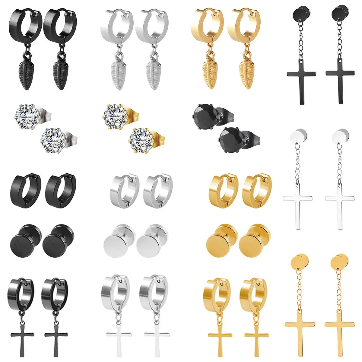 

18 Pairs Stainless Steel Mens Earrings Stud Piercing Crystal Hinged Earrings Cross Dangle Earrings for Men Women Hoops Earrings