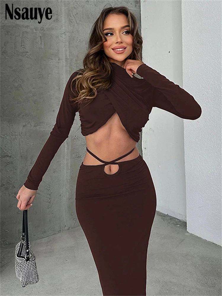 Nsauye комплект из двух предметов топы с длинными рукавами + длинная юбка высокой