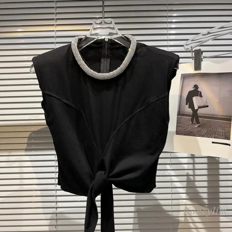 

Rhinestone Circle Neckline T-Shirt for Women 2022 Summer New Classic Style Lace-Up Hem with Padded Shoulder Tshirt Fashion Top