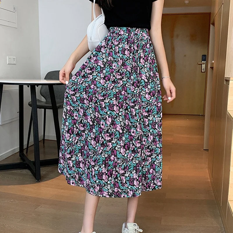 

Summer Vintage Floral Print Ruffle Kawaii Long Harajuku Women Korean Streetwear Elastic Waist Midi Skirt