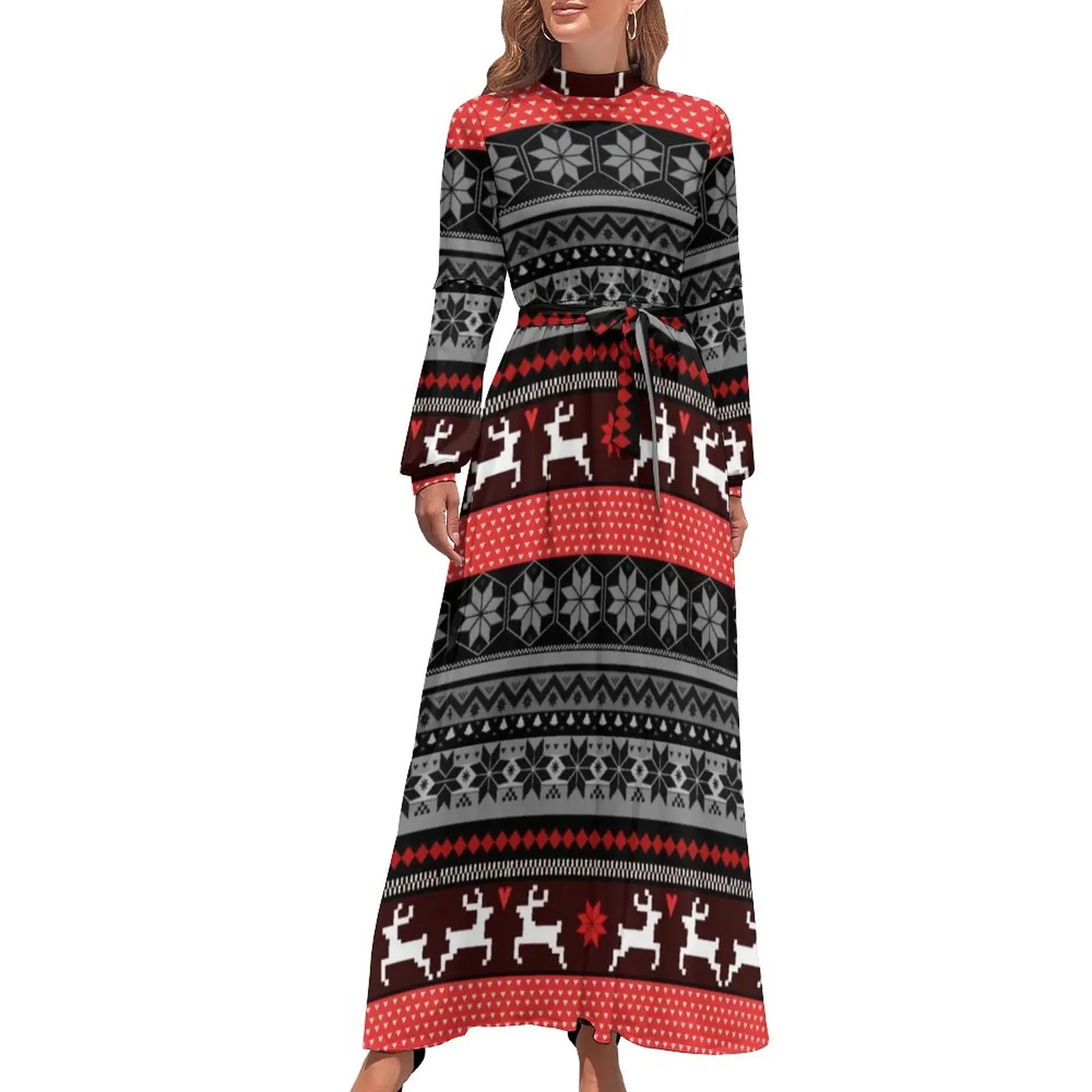 

Nordic Animal Dress Red Fair Isle Pattern Kawaii Maxi Dress Basic Beach Long Dresses High Waist Printed Vestidos