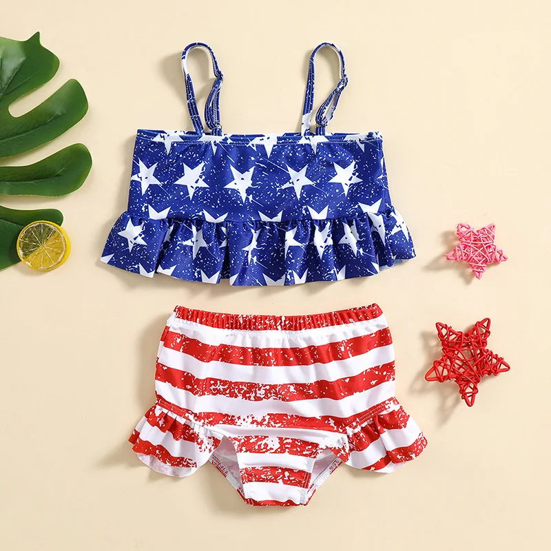 

Blue Star Printed Children's Swimwear Holiday Style Girls' Swimming Split 2-Pieces Swimsuit Holiday Beach Tour