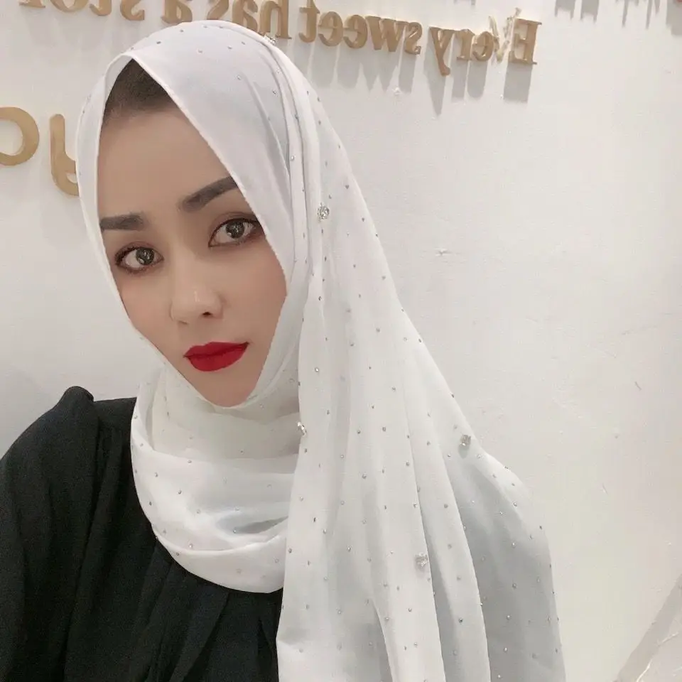 Women Rhinestone Hijabs Chiffon Muslim Headscarf Solid Color Shawls and Wraps Pashmina Stoles Female Hijab Plain Turban 2023