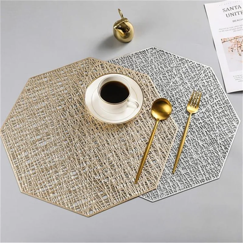 1Pc PVC Placemats Cutout Hangable mat Octagonal Hollow Non Slip Dining Table Mats Coaster Home table Decoration Gold Placemat