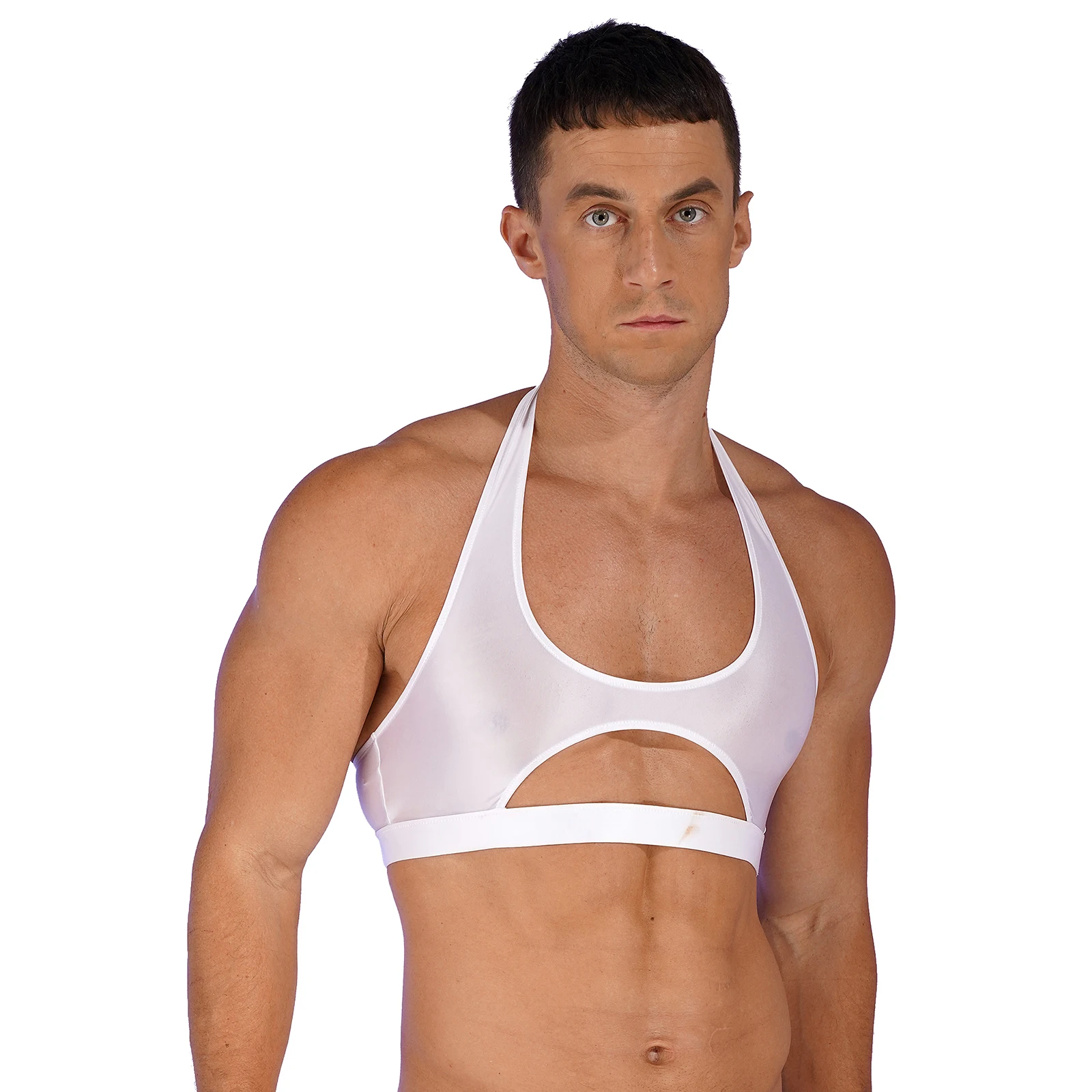 

Мужской Эластичный укороченный топ без рукавов, форма тела, Клубные костюмы, блестящий вырез на шее, жилет для бодибилдинга, сплошной цвет, для занятий в тренажерном зале, для фитнеса