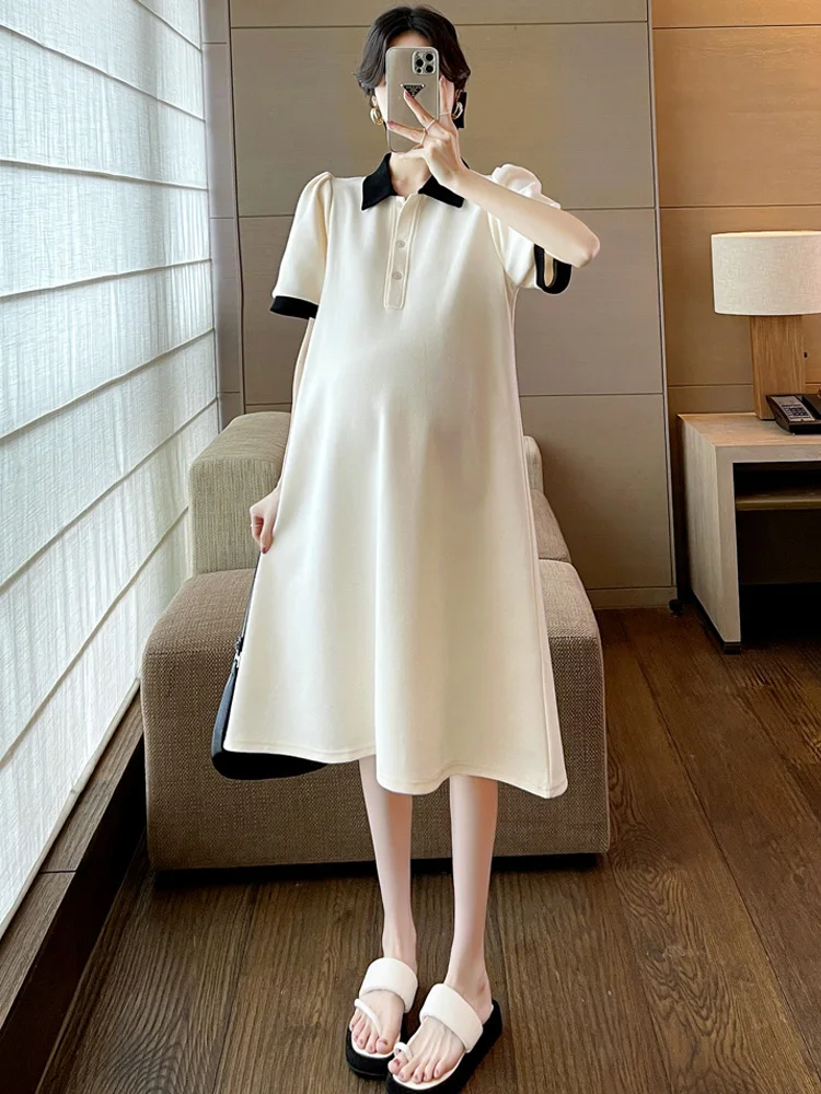 

Maternity Soft Breathable Short Sleeve Skirt Summer Lapel Loose Maternity skirt Korean Style Solid Color Maternity Dress LC859