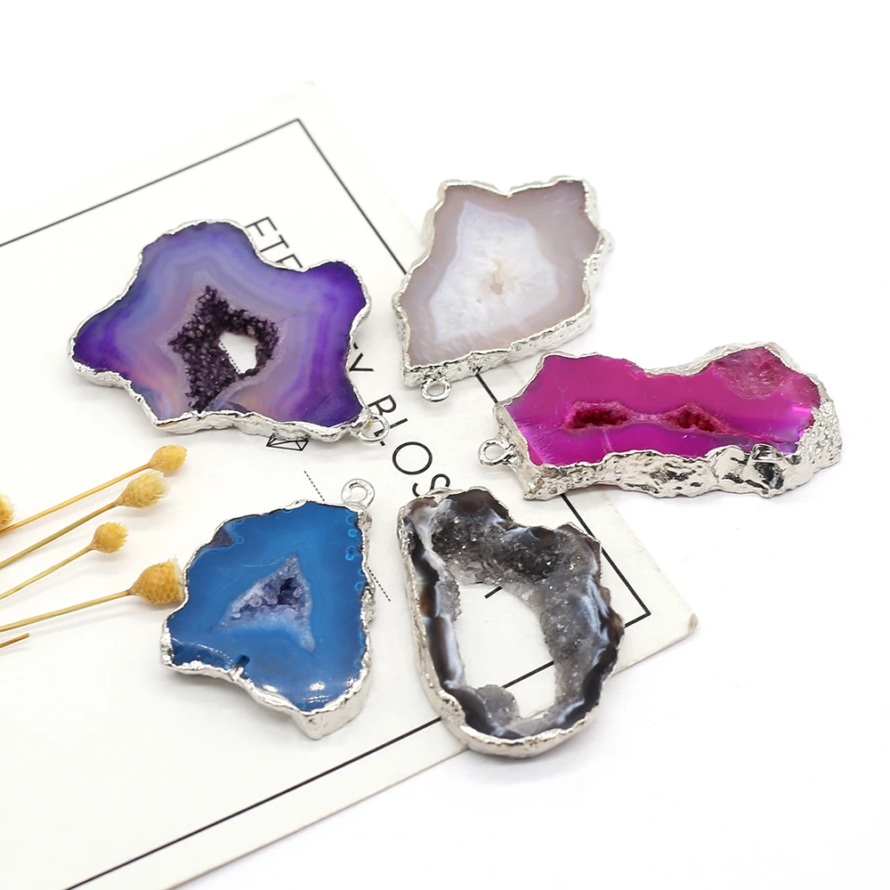 

Natural Stone Pendants Irregular Silvery Healing Crystal Agate Stone Charms Inner Hole for Jewelry Making Women Necklace Gift
