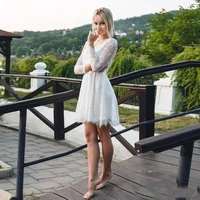 elegant vestidos de noiva 2022 mini short wedding dress a line v neck long sleeve lace appliqu%c3%a9 sexy backless beach bridal dress