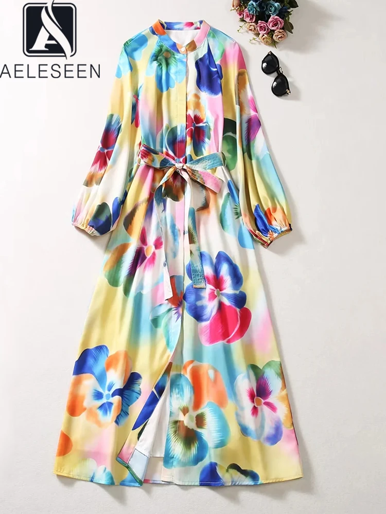 

Женское однобортное платье AELESEEN, подиумное осеннее платье с длинным рукавом-фонариком, цветочным принтом, воротником-стойкой и поясом, вечерние для праздника