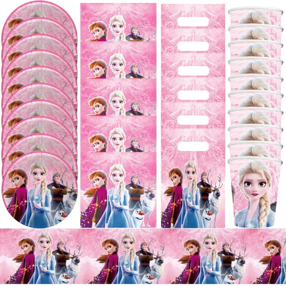 51/81Pcs Frozen Party Disposable Tableware Set Pink Elsa Anna Paper Cup Plate For Kid Birthday Babay Shower Party Decor Supplies