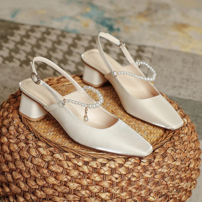 

5cm New Fashion Sandals Square Toe Satin Beaded Thick Block Heels Ankle Wrap Women Shoes 39