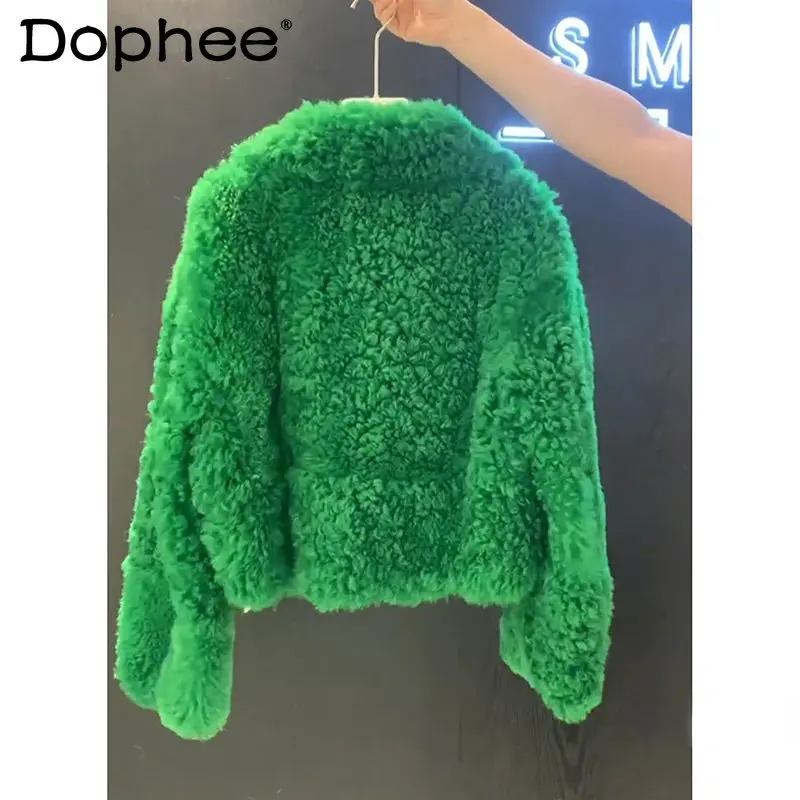 Fashion Green Faux Wool Lamb Fur Coat for Women 2023 Spring Winter New Small Short Woolen Coats Cropped Jacket Femme