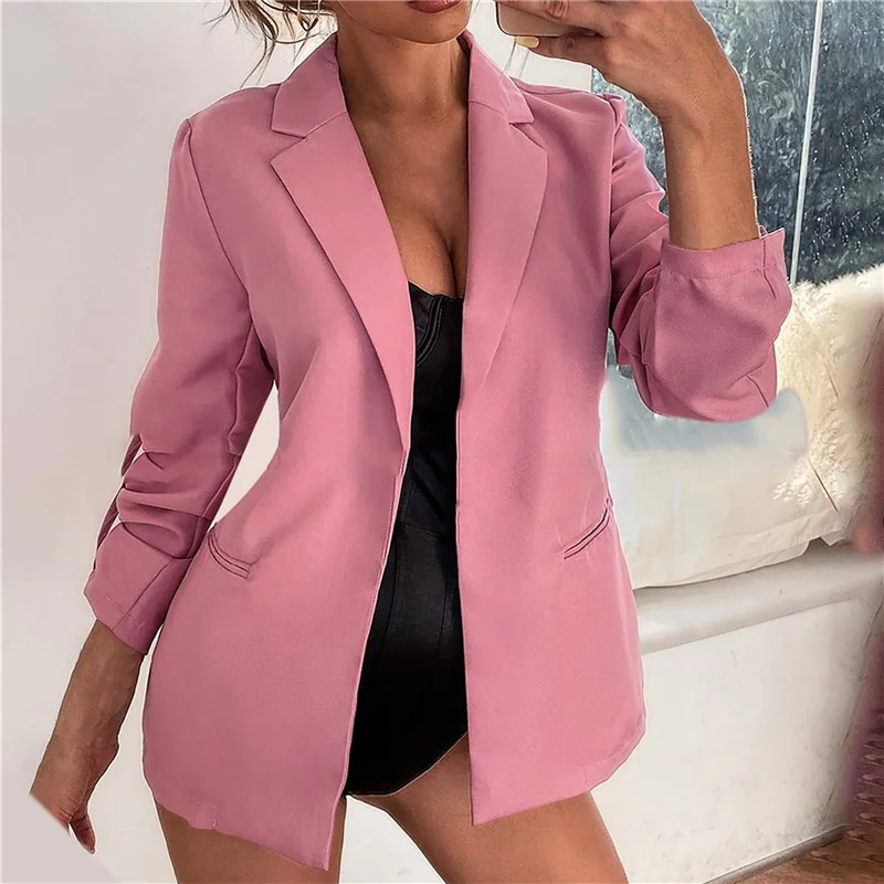 

Женское осеннее пальто, однотонные блейзеры, пальто, однотонный костюм с открытым стежком, повседневная универсальная Куртка с длинным рук...