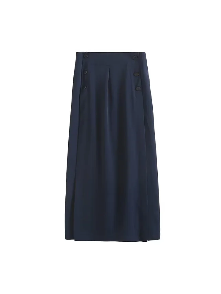 

BM&MD&ZA Women 2022 New Chic Fashion Button decoration open fork Midi Skirt Vintage High Waist Back Zipper Female Skirts Mujer