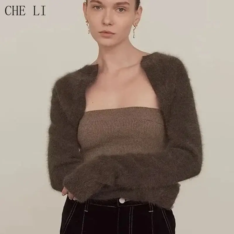 

Temperament Sweater Two-piece Set Women High Street Slim Fit Camisole Solid Color Wool Coat Comfortable Warm Knitted Ladies Top