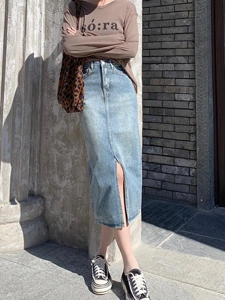 

GUUZYUVIZ Chic High Waist Vintage Split Denim Skirts Female Streetwear Casual Slim Midi-calf Bodycon Jeans Skirt Women
