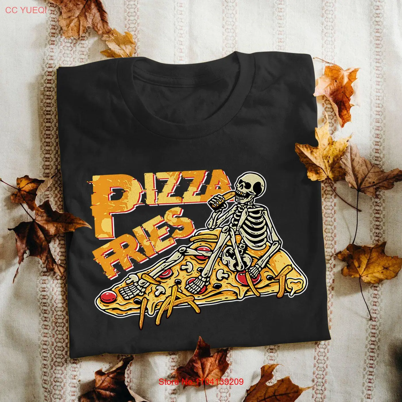 Halloween Horror T Shirt Pizza Fries skeleton gift food spooky long or short sleeves