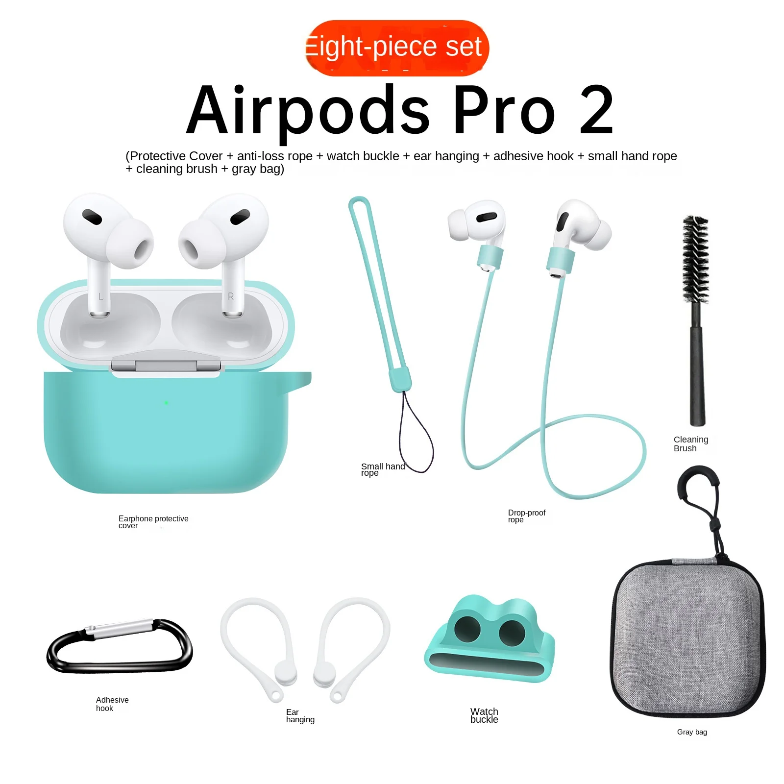 

Silicone Cases For Airpods 1/2 Luxury Wireless Earphone Protective Cover 8 PCS Set Anti-drop Housing Hook Anti Loss Rope Strap