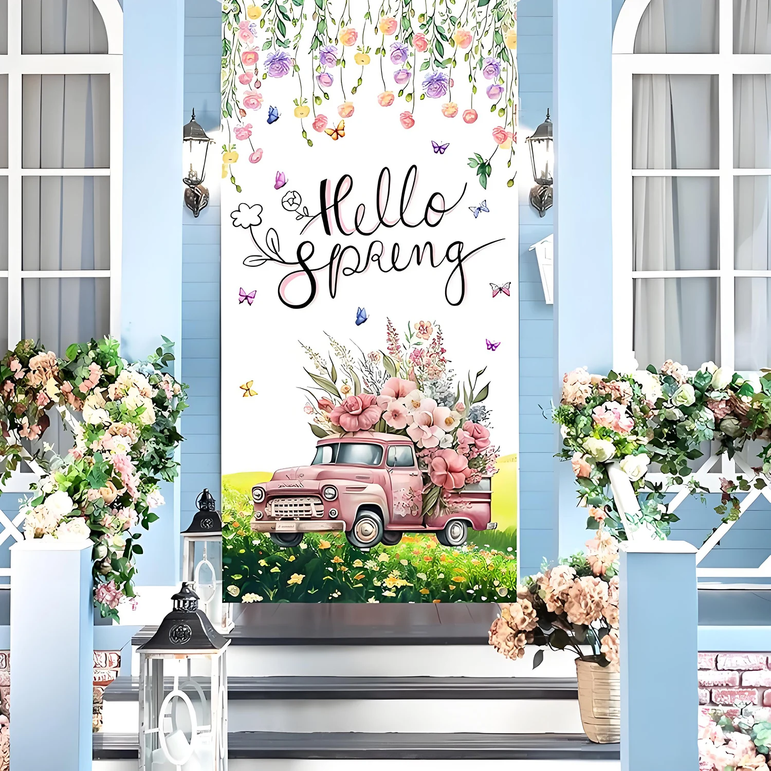Чехол на дверь Hello Spring украшенный разноцветными цветочными баннерами бабочкой