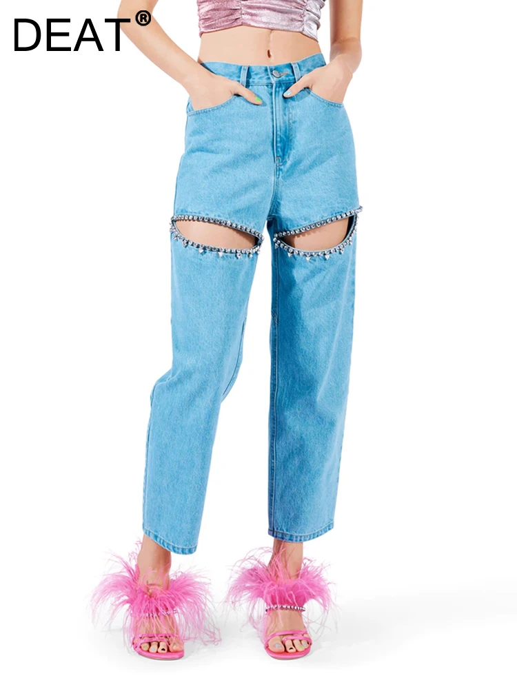 DEAT Fashion Women's Jeans High Waist Loose Hollow Out Diamonds Heart Blue Denim Ankle-Length Pants Autumn 2023 New 17A4910