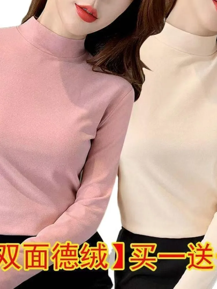 Single/Two Pieces Double-sided Dralon Half-high Collar Bottoming Autumn and Winter Slim fit Sleeve Length T Shirt Women Solid...