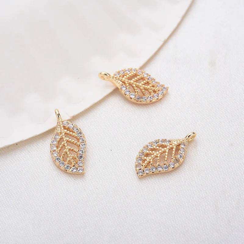 (987)4PCS 14x7MM 24K Gold Color Brass with Zircon Leaf Leaves Charm Pendants for DIY Jewelry Making Findings Accessories | Украшения и