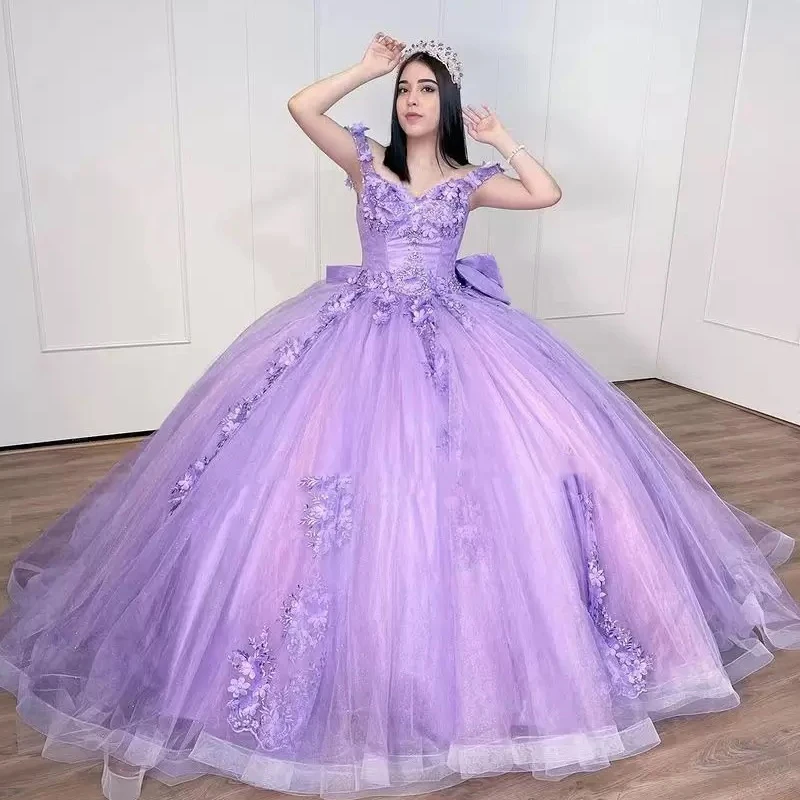 ANGELSBRIDEP Lilac Ball Gown Quinceanera Dresses Big Bow 3D Flower Appliques Cinderella 16 Princess Gowns Vestidos De 15 Anos