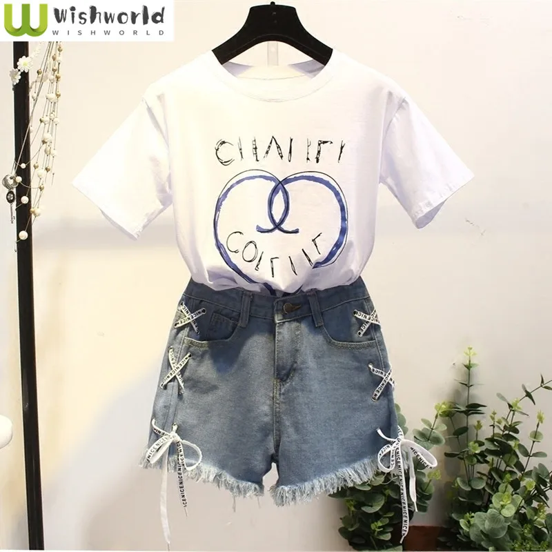 Letter Printing Love Short-sleeved T-shirt Personality Strap Denim Shorts Two-piece Elegant Women's Pants Set Summer Outfits
