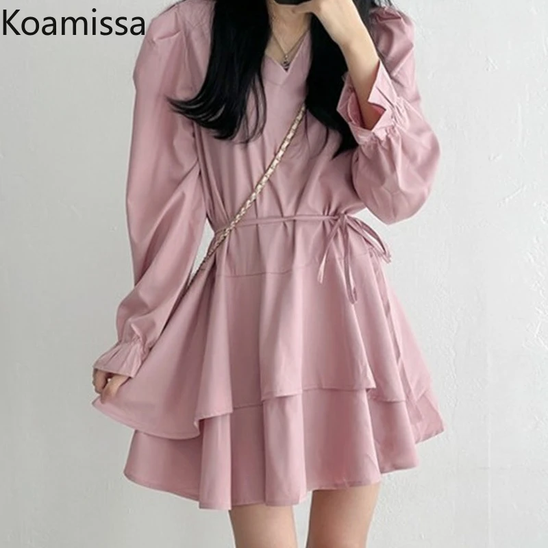 Koamissa Elegant Ruffles V Neck Mini Dress for Women Puff Long Sleeve Spring Dresses Korean Fashion Solid Lace-up Vestidos 2022