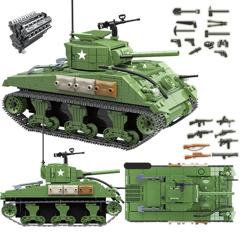 

726PCS Military US Sherman M4A1 Tank Building Blocks WW2 Tank City Children Police Soldier Weapon Bricks Kids DIY Toys Gifts