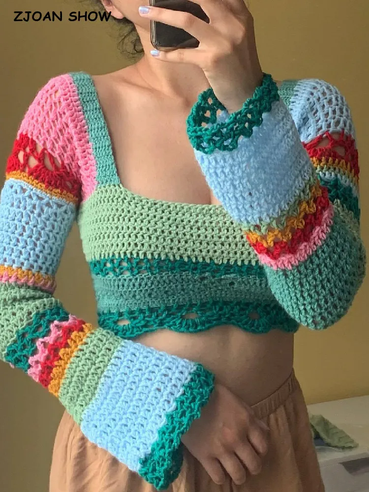 

2022 этнические пуловеры с перекрестными шнуровками и открытой спиной в полоску ручной вязки Бохо женский короткий свитер с квадратным вырез...