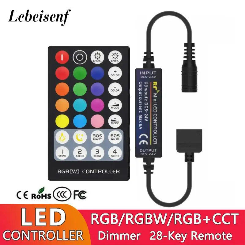 

RF Mini LED Controller DC5-24V 6A Dimmer with 28 Key Wireless Remote Control for RGB/RGBW/RGBWW/RGB+CCT LED Lamps Light Strip