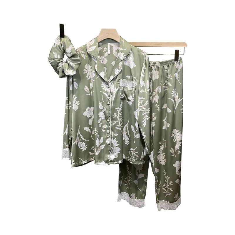 Women's 3 Piece Pajamas Sets Soft Cute Floral Pijama Faux Silk Satin Pyjama Female Sleepwear Long Sleeve Shirt Trouser Homewear